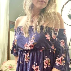 REWIND Navy & Pink Floral Off Shoulder Smocked Sleeve Prairie Boho Hippie Top
